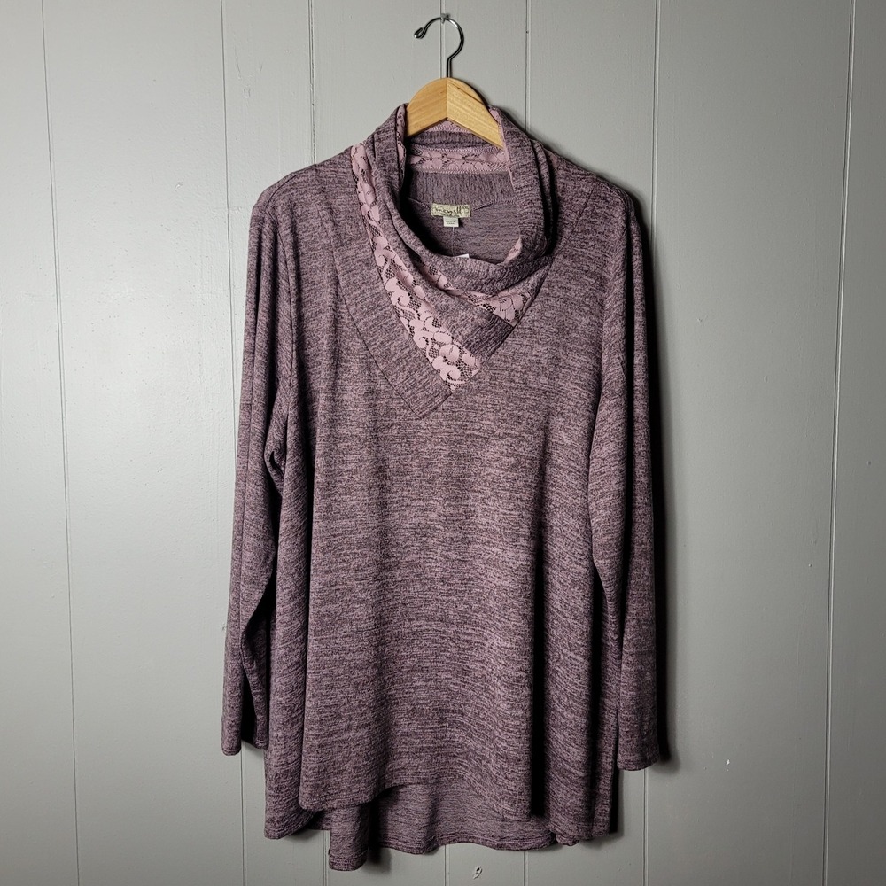 ONE WORLD HEATHERED PURPLE COWL LACE NECK TUNIC SWEATER BLOUSE WOMENS XXL NWT